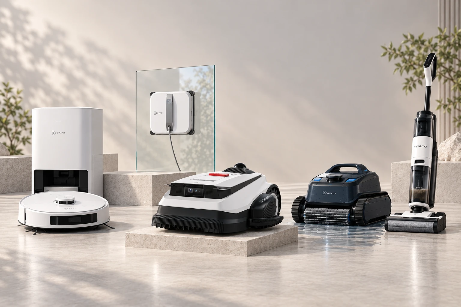 ECOVACS GROUP ecosystem: robot vacuum and dock, window-cleaning robot, robotic lawn mower, pool cleaner and Tineco floor washer