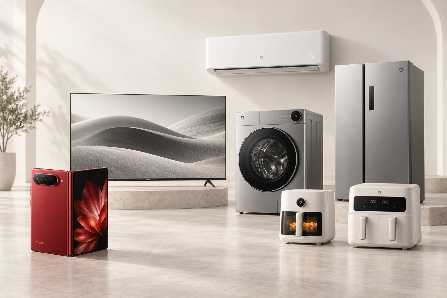 Illustrative Xiaomi ecosystem: red foldable phone, television, washing machine, air conditioner, refrigerator and air fryers